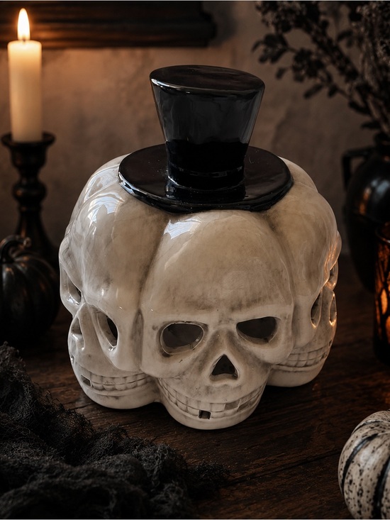 Other - Halloween unique skull pumpkin candle holder with black top hat